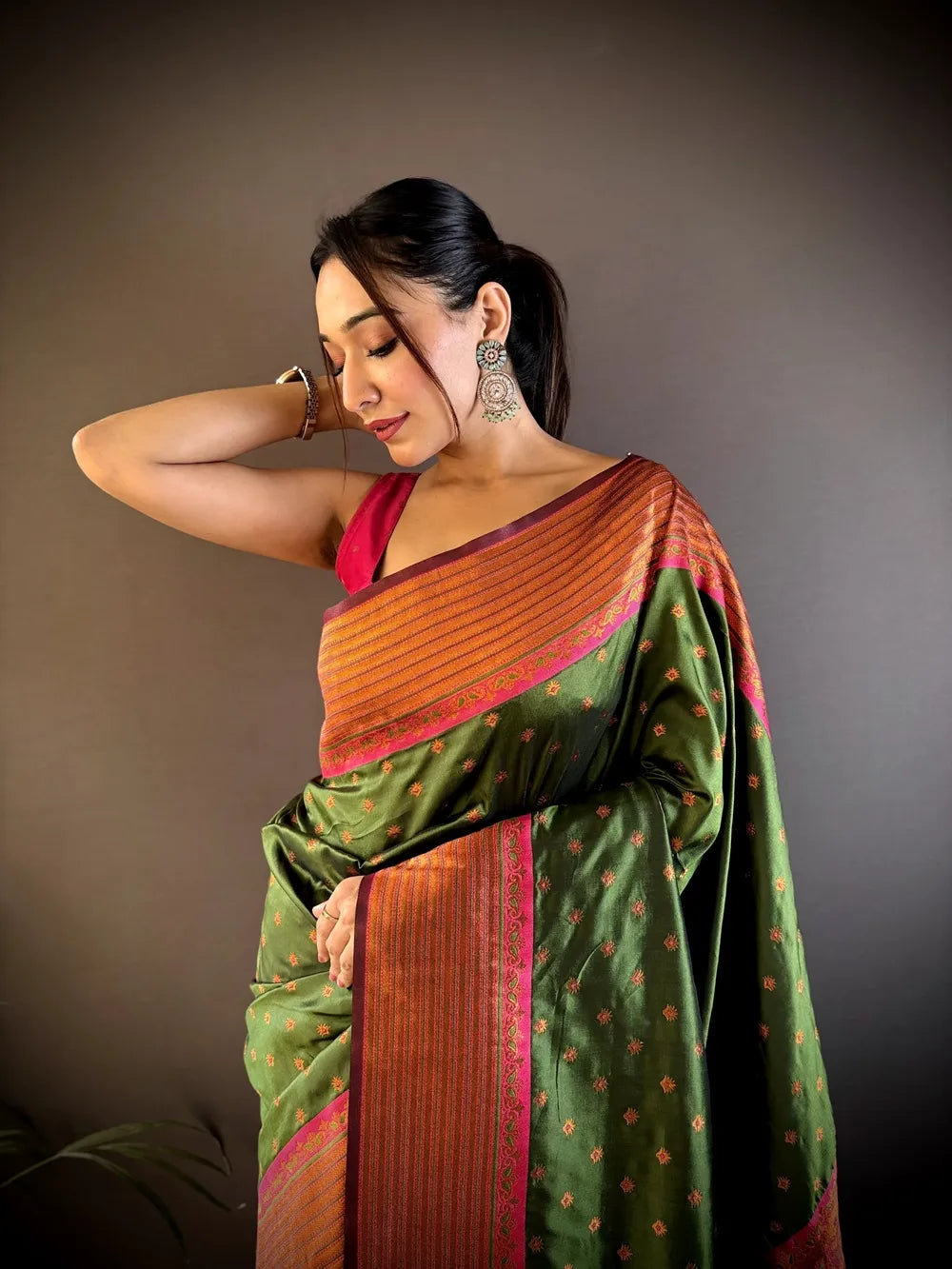 Paithani Silk Saree with Rich Copper Zari Weaving & Free Blouse (Olive Green)